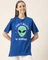 Shop Women's Blue Alien Printed Oversized T-shirt-Front