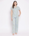 Shop Women's Blue All Over Printed Cotton Shirt & Pyjamas Set-Front
