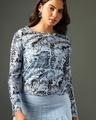 Shop Women's Blue All Over Printed Slim Fit Short Top-Front