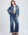 Shop Women's Blue Embroidered Oversized Washed Cropped Denim Jacket-Full