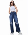 Shop Women's Blue Baggy Distressed Jeans-Full