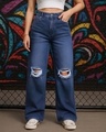 Shop Women's Blue Baggy Distressed Jeans-Front