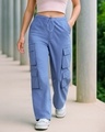 Shop Women's Blue Baggy Oversized Cargo Parachute Pants-Front