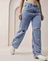Shop Women's Blue Baggy Straight Fit Distressed Jeans-Front