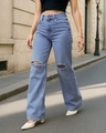 Shop Women's Blue Baggy Straight Fit Distressed Jeans-Front