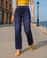 Shop Women's Dark Blue Washed Baggy Straight Fit Jeans-Front