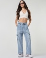 Shop Women's Light Blue Washed Straight Fit Cargo Jeans-Full