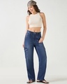 Shop Women's Dark Blue Washed Straight Fit Cargo Jeans-Full