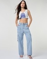 Shop Women's Light Blue Washed Straight Fit Cargo Jeans-Full