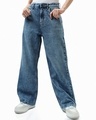 Shop Women's Blue Baggy Wide Leg Jeans-Front