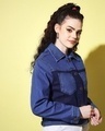 Shop Women's Blue Color Block Denim Jacket-Design