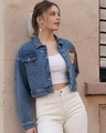 Shop Women's Blue Embroidered Oversized Washed Cropped Denim Jacket-Front