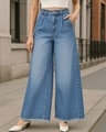 Shop Women's Blue Flared Washed Korean Jeans-Front