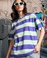 Shop Women's Blue & Green Striped Oversized T-shirt-Front