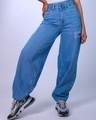 Shop Women's Blue Laser Cut Baggy Oversized Jeans-Front