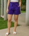 Shop Women's Blue Oversized Cotton Linen Shorts-Front