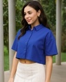 Shop Women's Blue Oversized Crop Cotton Linen Shirt-Front