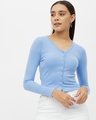 Shop Women's Blue Rayon Ribbed V-neck Long Sleeve Top-Front