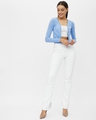 Shop Women's Blue Rayon Ribbed V-neck Long Sleeve Top
