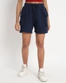 Shop Women's Navy Blue Relaxed Fit Cargo Boxy Shorts-Front