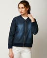 Shop Women's Blue Relaxed Fit Denim Bomber Jacket-Front