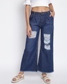 Shop Women's Blue Distressed Wide Leg Jeans-Front