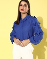 Shop Women's Blue Ruffled Sleeve Shirt-Front