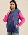 Shop Women's Blue Smiley Face Color Block Oversized Sweatshirt-Front