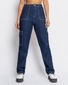 Shop Women's Blue Straight Fit Cargo Jeans-Front