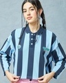 Shop Women's Blue Striped Oversized Polo T-shirt-Front