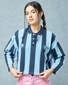 Shop Women's Blue Striped Oversized Polo T-shirt-Front