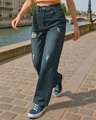 Shop Women's Blue Washed Baggy Straight Fit Distressed Jeans-Front