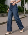 Shop Women's Blue Washed Baggy Straight Fit Jeans-Front