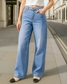 Shop Women's Blue Washed Baggy Straight Fit Jeans-Front