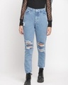 Shop Women's Blue Washed Distressed Boyfriend Fit Jeans-Front