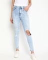 Shop Women's Blue Washed Distressed Slim Fit Jeans-Front