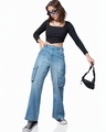 Shop Women's Blue Washed Straight Fit Cargo Jeans-Full