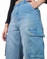 Shop Women's Blue Washed Straight Fit Cargo Jeans
