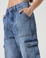 Shop Women's Blue Washed Straight Fit Cargo Jeans