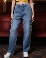 Shop Women's Blue Washed Straight Fit Cargo Jeans-Front