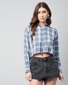 Shop Women's Blue & White Checked Boxy Fit Crop Shirt-Front