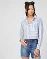 Shop Women's Blue & White Striped Boxy Fit Crop Shirt-Front