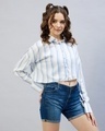 Shop Women's Blue & White Striped Oversized Crop Shirt-Front