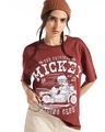 Shop Women's Brick Red Mickey Bike Graphic Printed Oversized T-shirt-Front