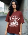 Shop Women's Brick Red Mickey Bike Graphic Printed Oversized T-shirt-Front