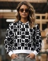 Shop Women's Bright White & Black All Over Printed Oversized Crop Hoodies-Front
