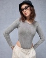 Shop Women's Grey & Brown Slim Fit Acid Wash Bodysuit-Front