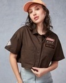 Shop Women's Brown Mickey Graphic Printed Oversized Cropped Shirt-Front