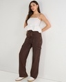 Shop Women's Brown Straight Fit Acid Wash Cargo Jeans-Full