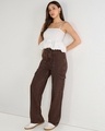 Shop Women's Brown Straight Fit Acid Wash Cargo Jeans-Full
